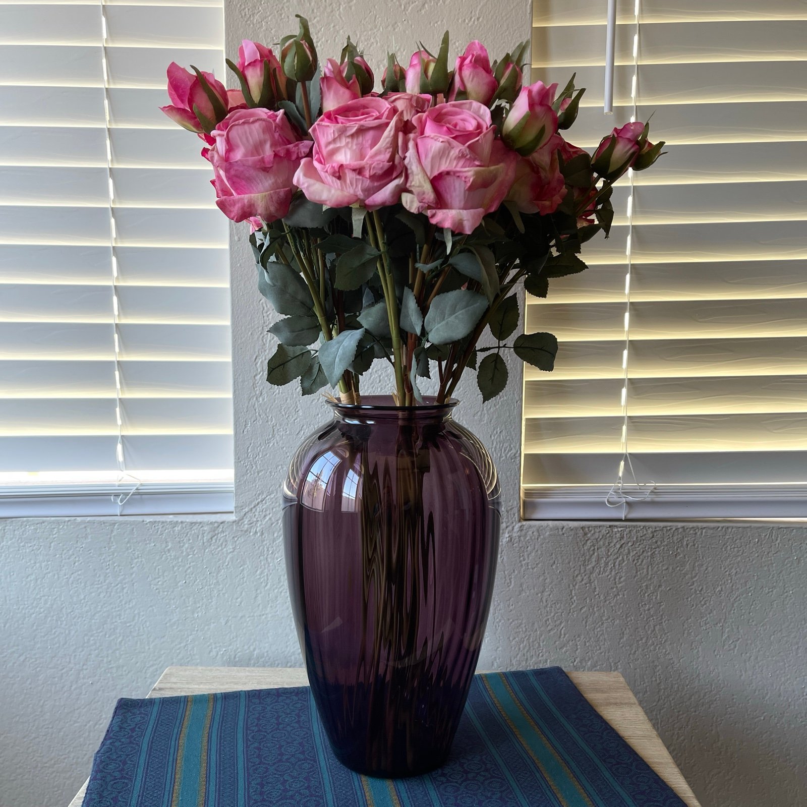 Violet Large Vase New Artificial Light Pink Rose 18PS 4-Head Flowers Arrangement