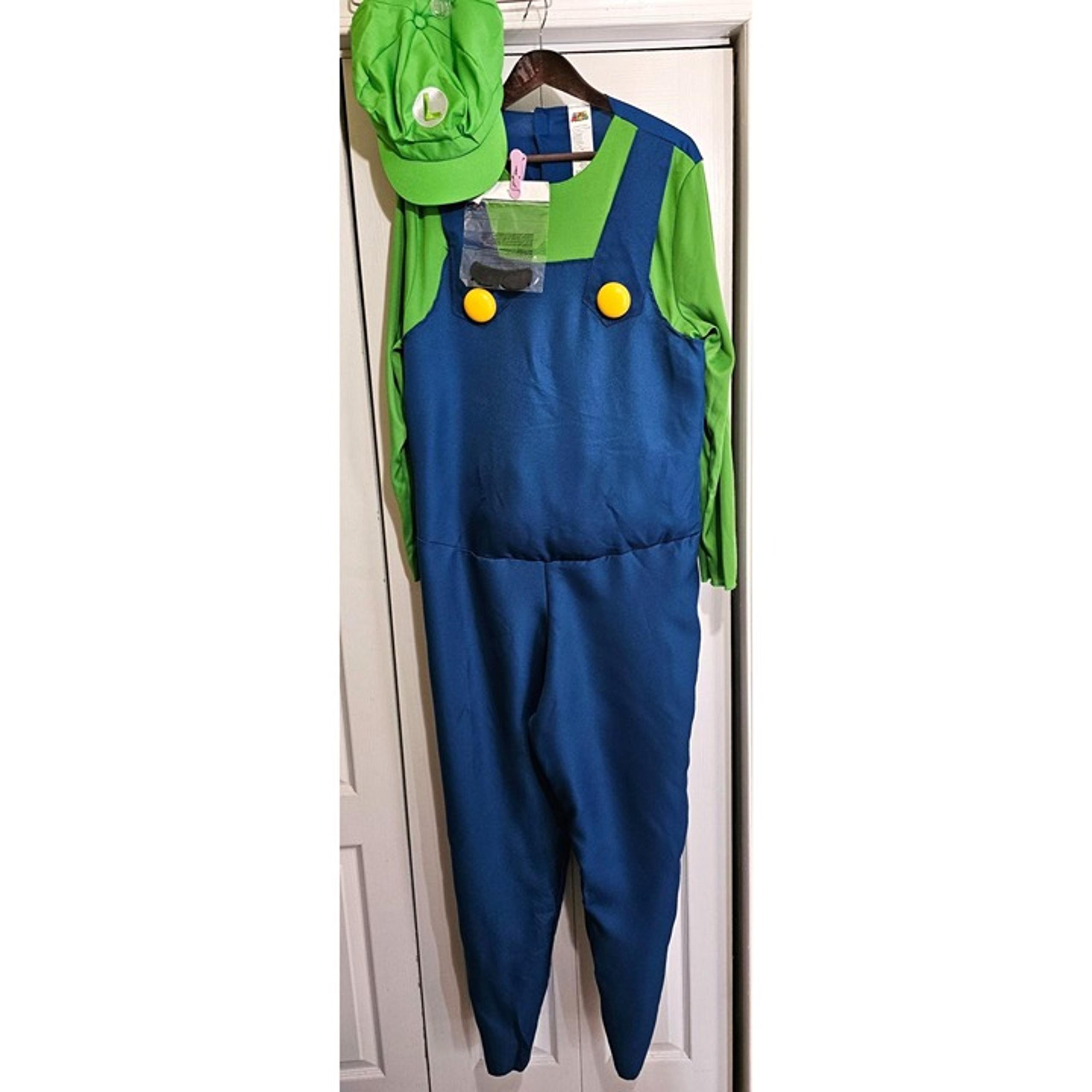Luigi Costume Super Mario Halloween Overall Jumpsuit Gloves Hat Adult Mens MD