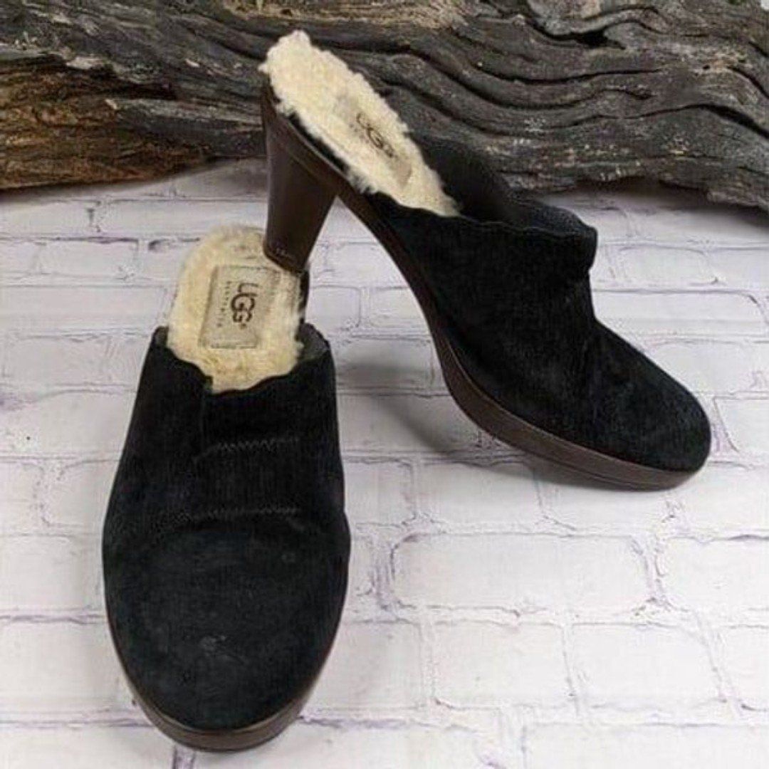 UGG Shearling Lined Black Suede Heeled Mules Clogs
