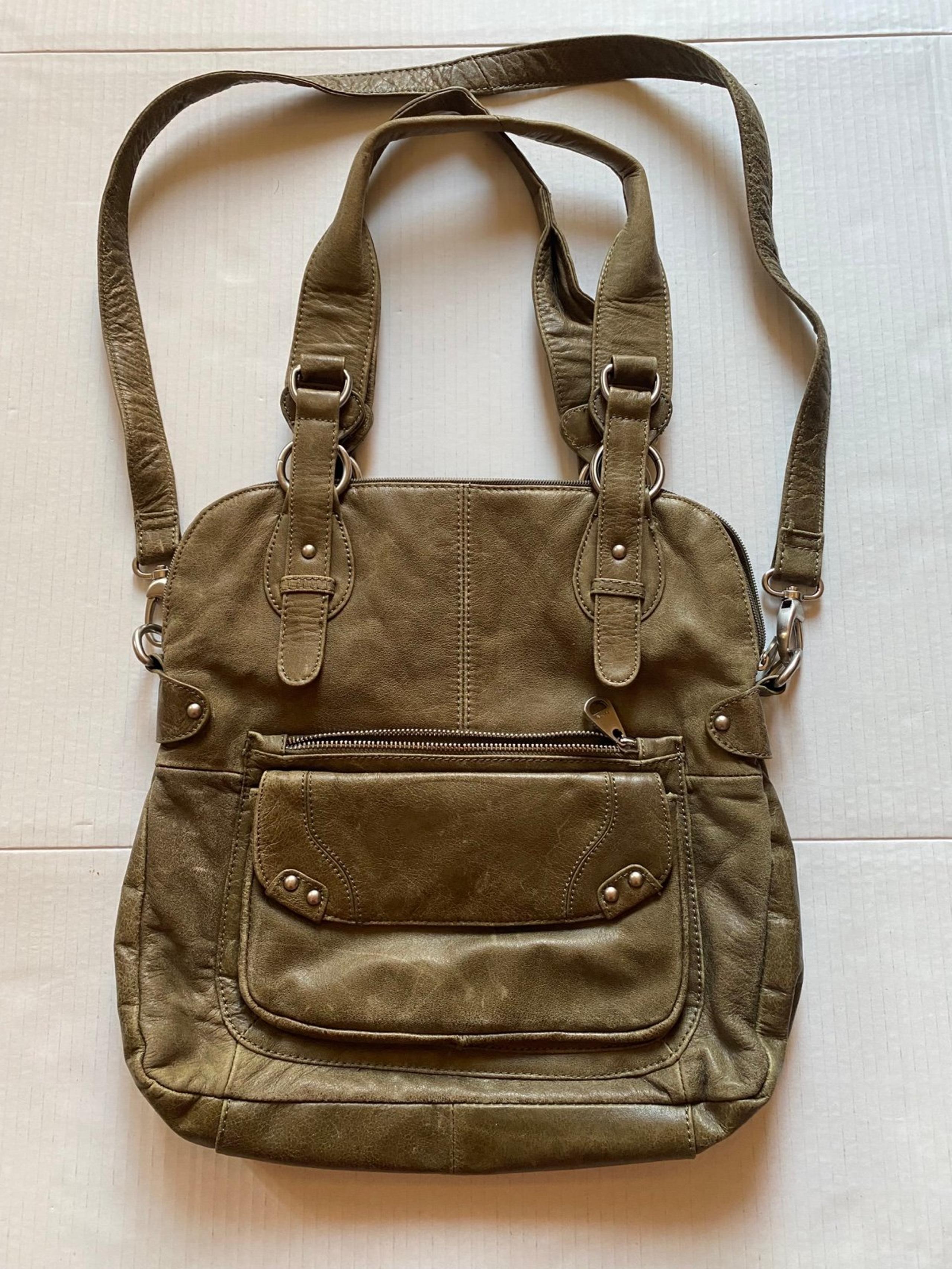 Perlina Brushed Leather Hobo Shoulder Bag Purse Olive Green Zipper Large