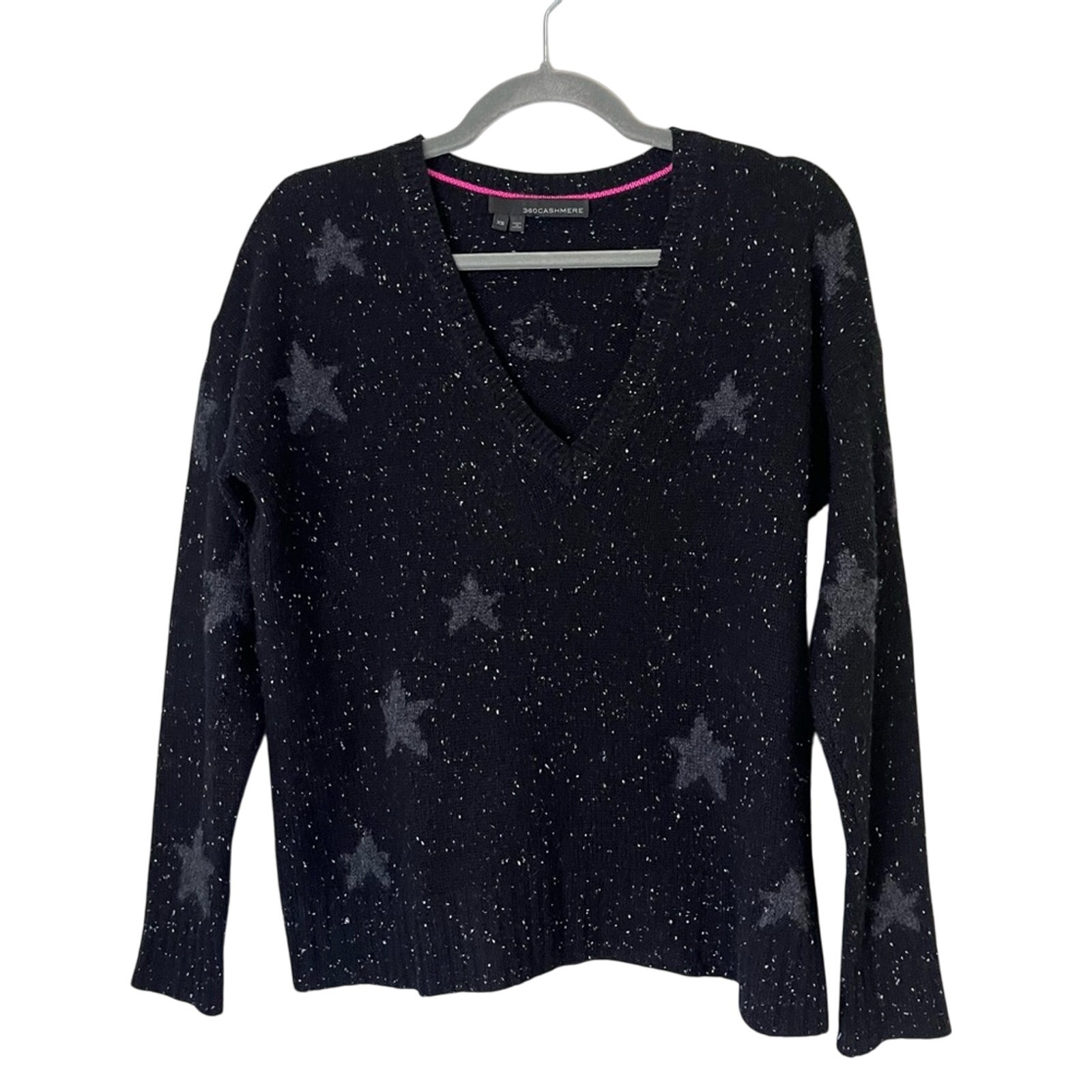 360 Cashmere Leilani Star Print Oversized V-Neck Knit Sweater Black Gray XS