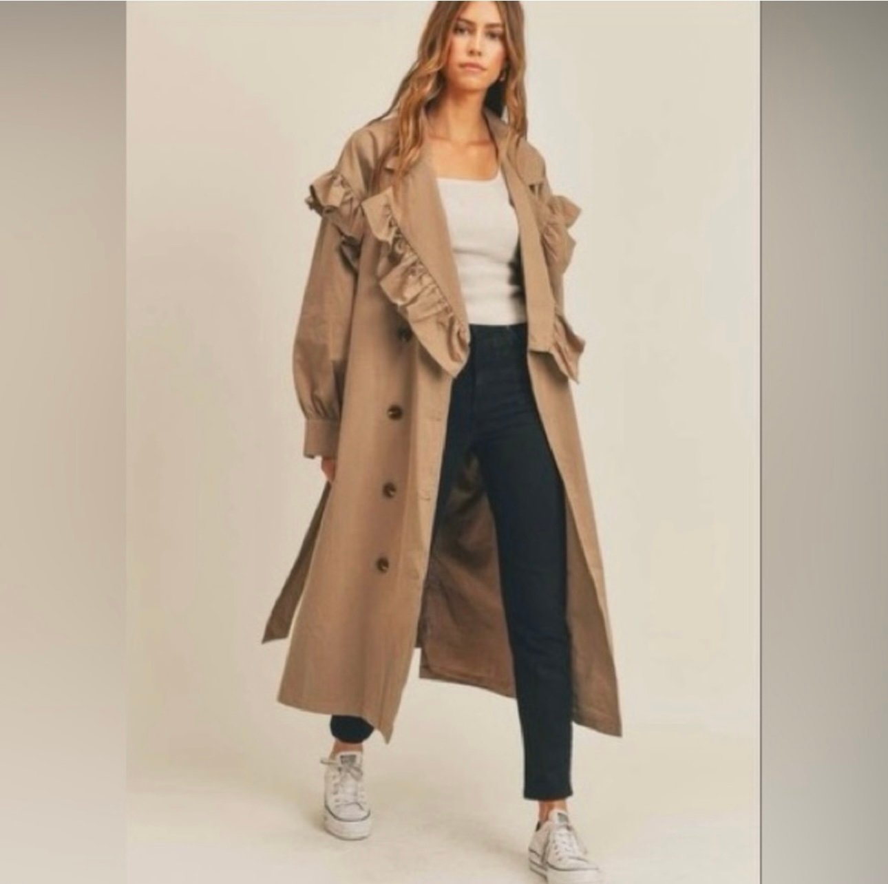 Mabel tan, trenchcoat, ruffle detail, double breasted size small/medium. 93