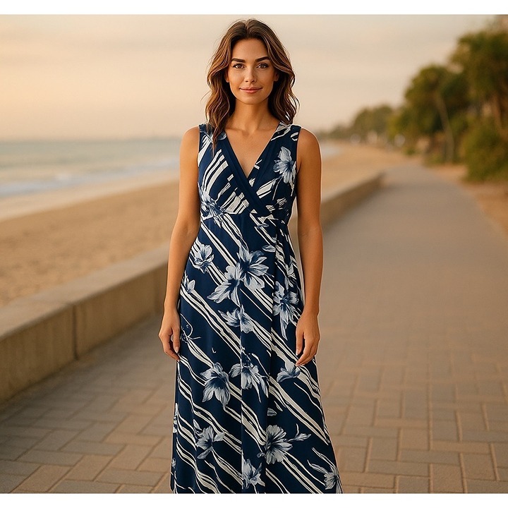 Navy Blue Floral Striped Sleeveless Maxi Dress Size 22W 3X Plus Size Summer