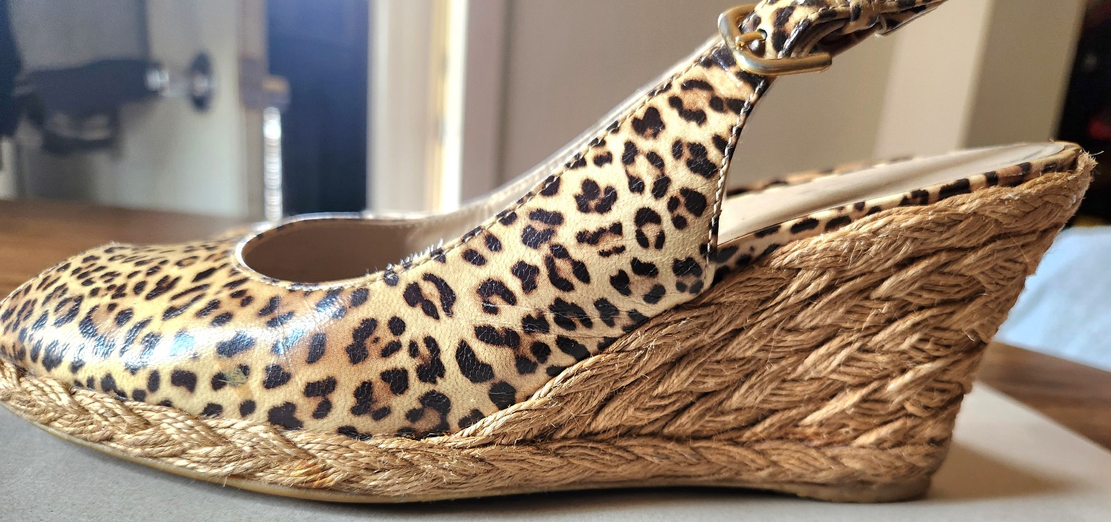 Stuart Weitzman leopard print 7 1/2 open toe wedge slingback