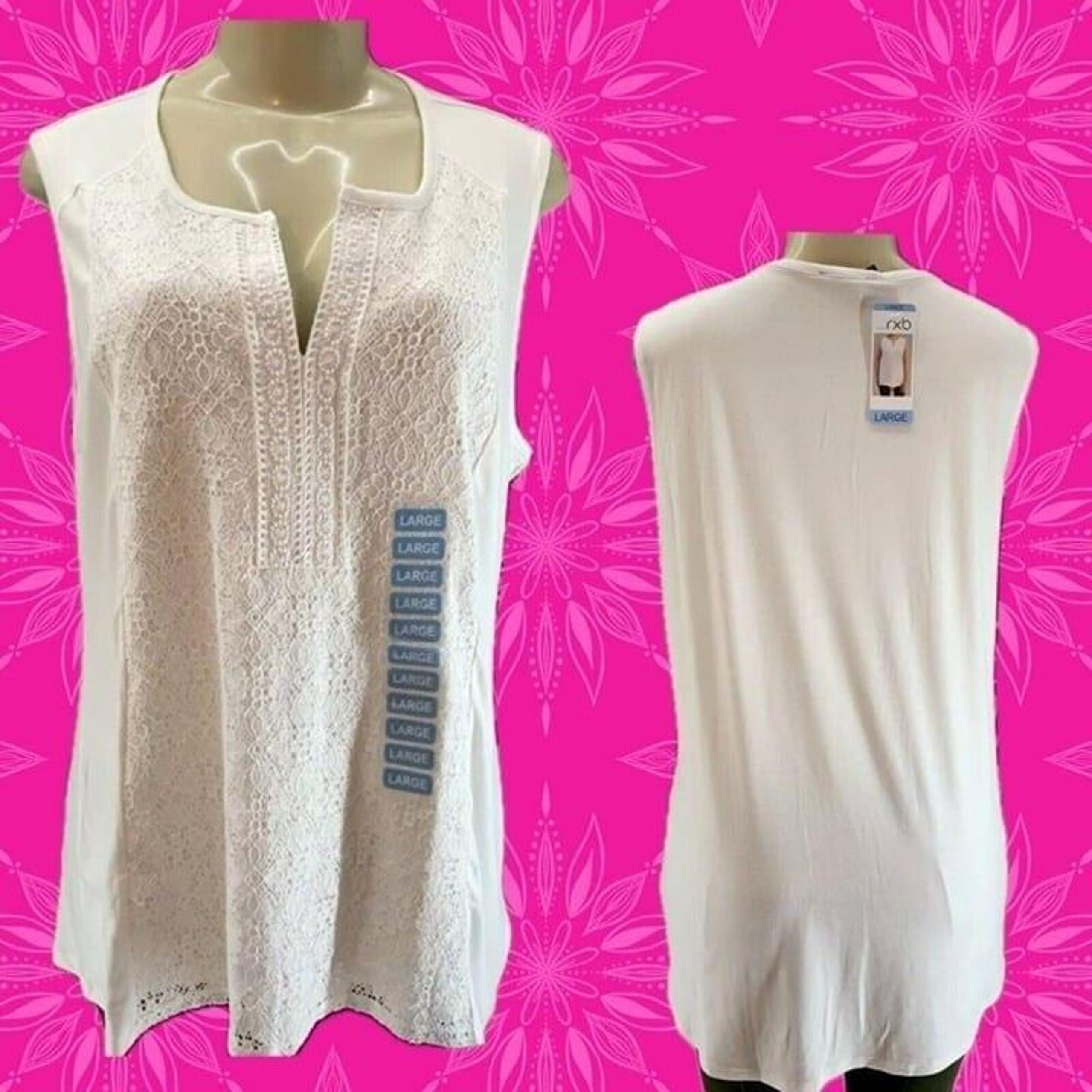 RXB L White Lace Split Neckline Rayon Blend Step-Hem Sleeveless Top