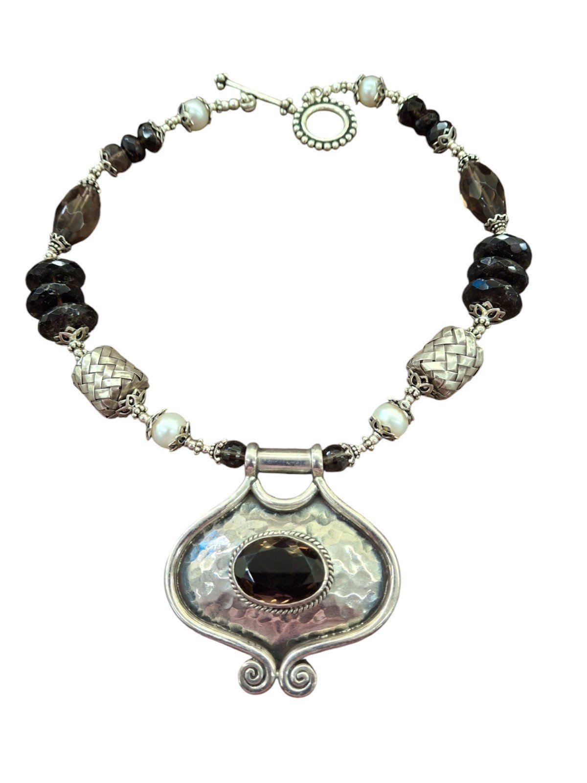 New Smokey Quartz, black onyx, & pearl necklace in Sterling silver