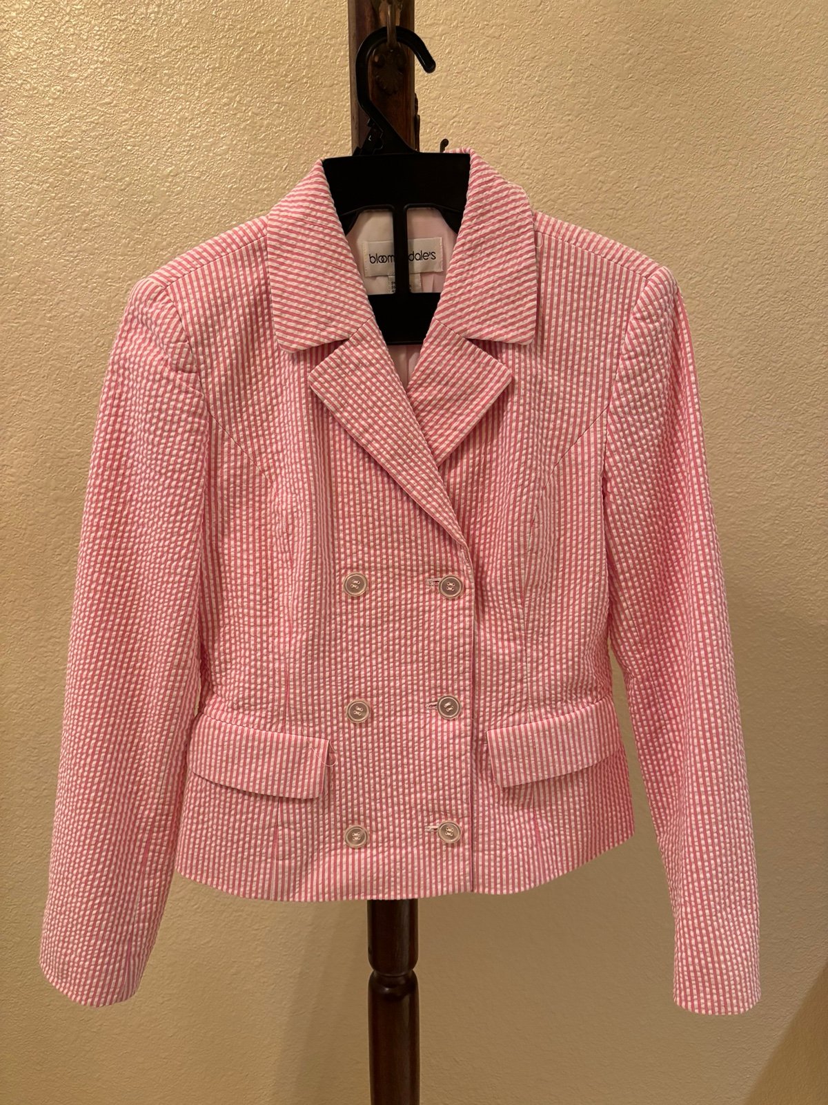 Bloomingdale’s pink pinstripe double breasted blazer
