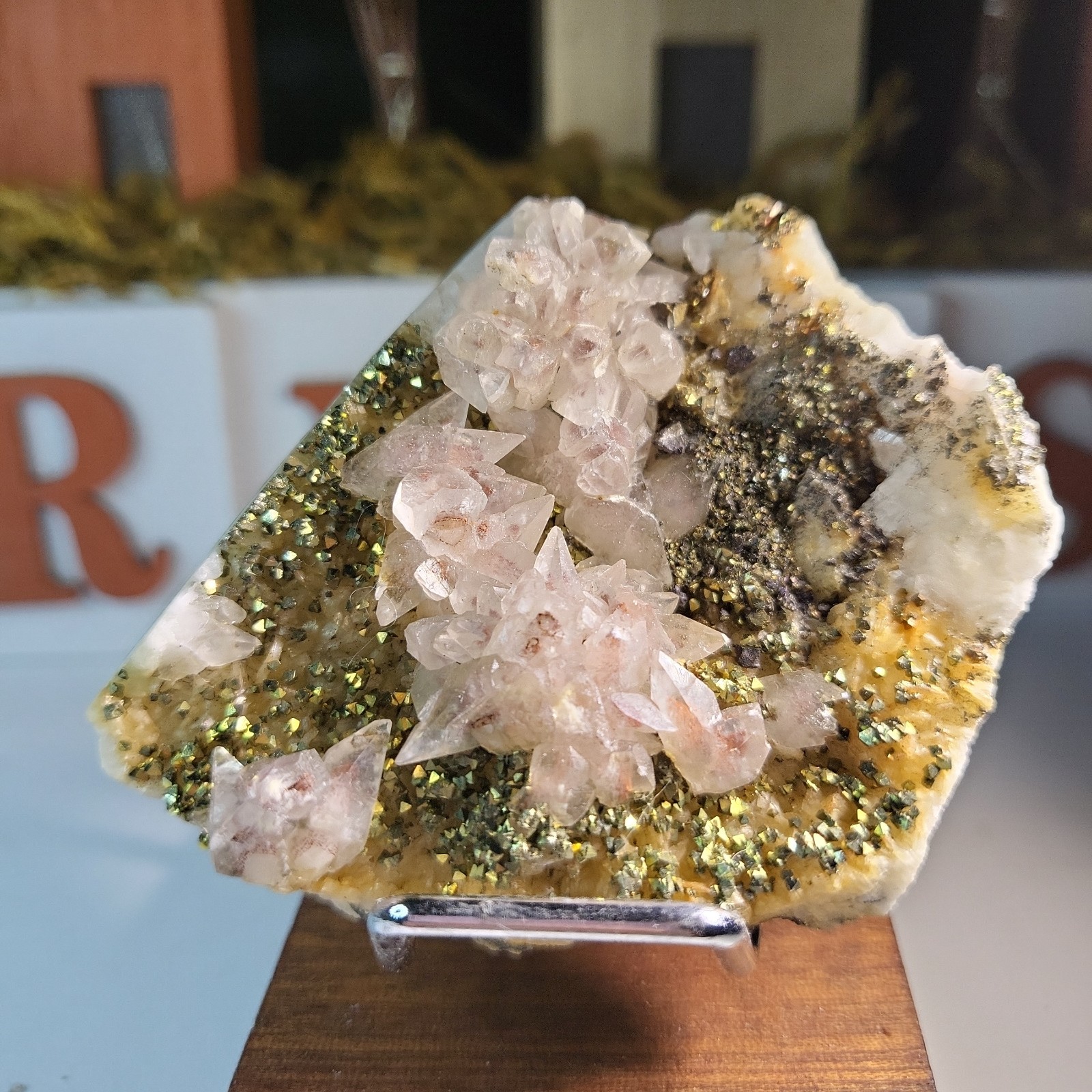 Chalcopyrite with red tooth calcite cluster 2725. UV reactive