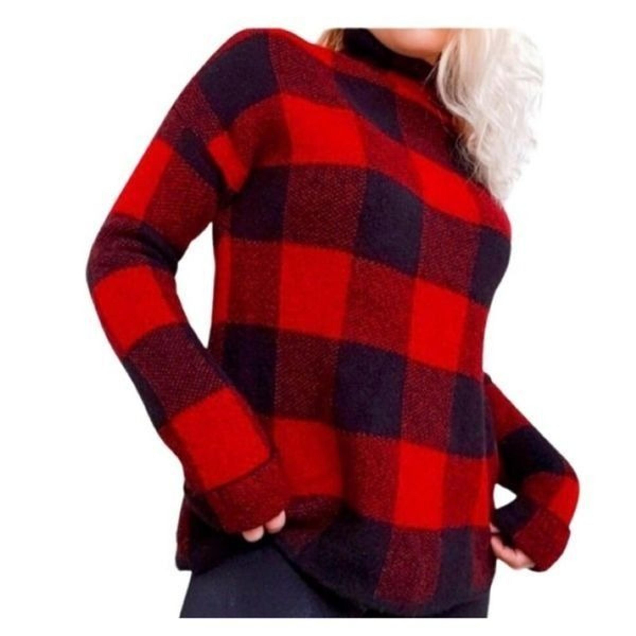 Tahari M Buffalo BlackRed Plaid WOOL Blend Knit Lsleeve MockNeck Women's Sweater
