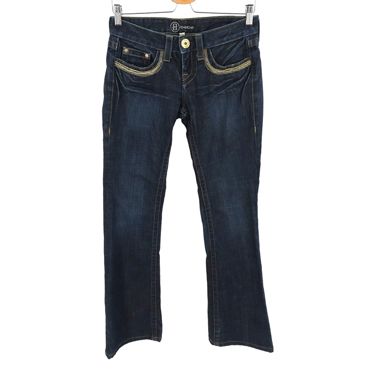 Bebe Womens 27 Gold Silver Thread Embroidered Dark Blue Denim Jeans Flare Y2K