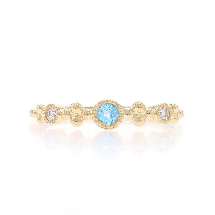 Yellow Gold Blue Topaz Diamond Band 14k Round .17ctw Quatrefoil Milgrain LX1350