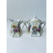 Antique German Lustreware Creamer and Covered Sugar Bowl Set, Victorian Era