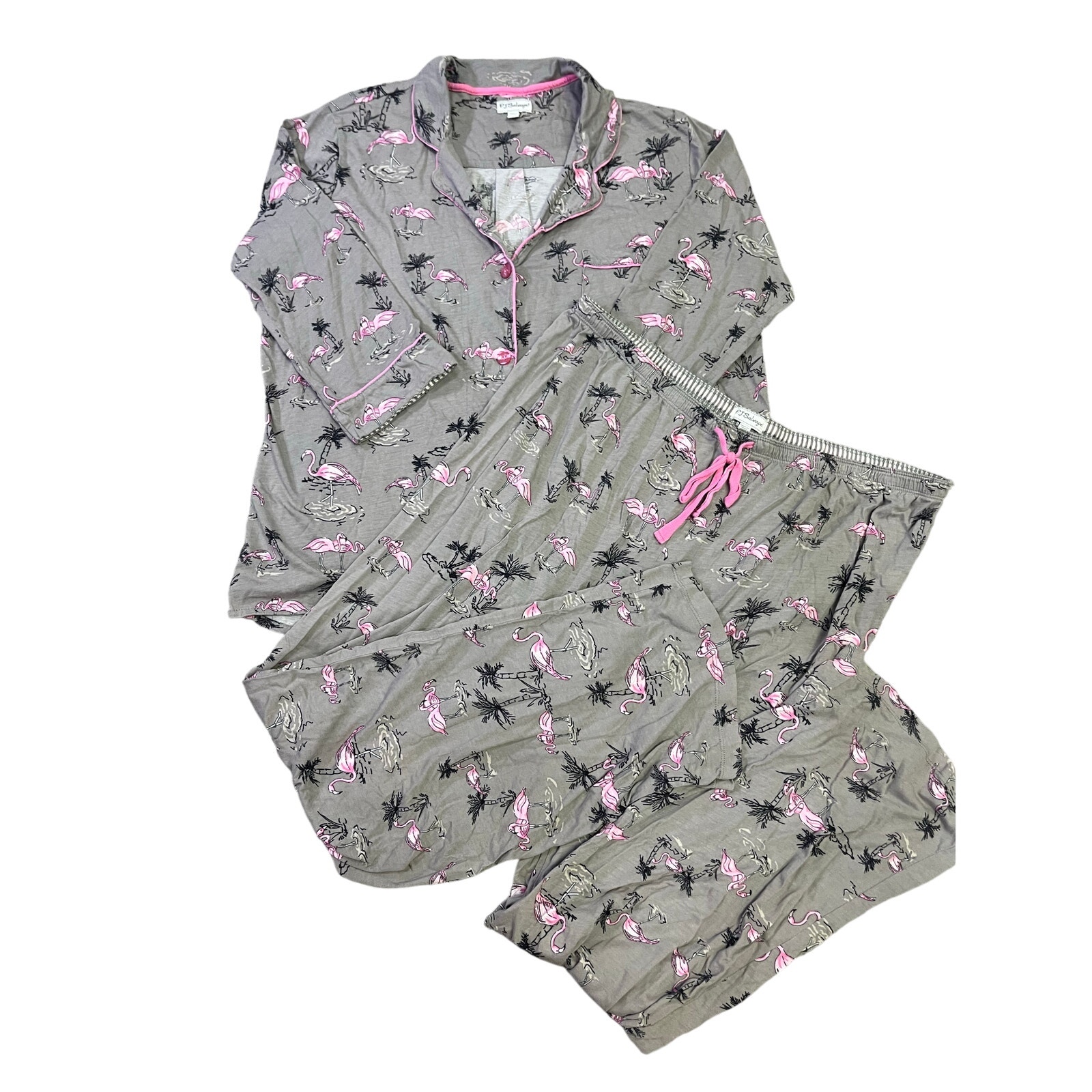 PJ Salvage XL Pajama Set Soft Modal Flamingo Palm Print Lounge Sleepwear Gray