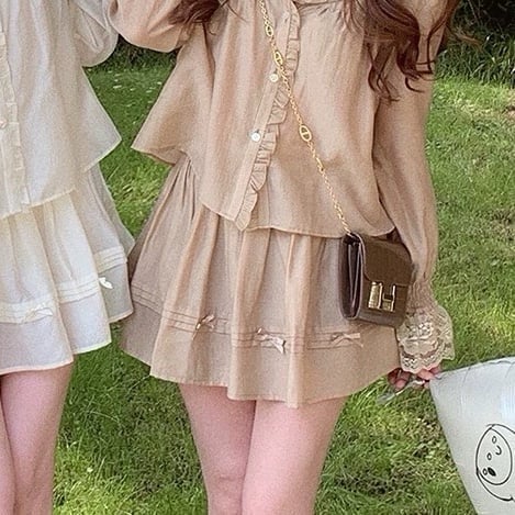 Japanese Kawaii Cottage Brown Ribbon Bow Chiffon Summer Mini Skirt Skorts