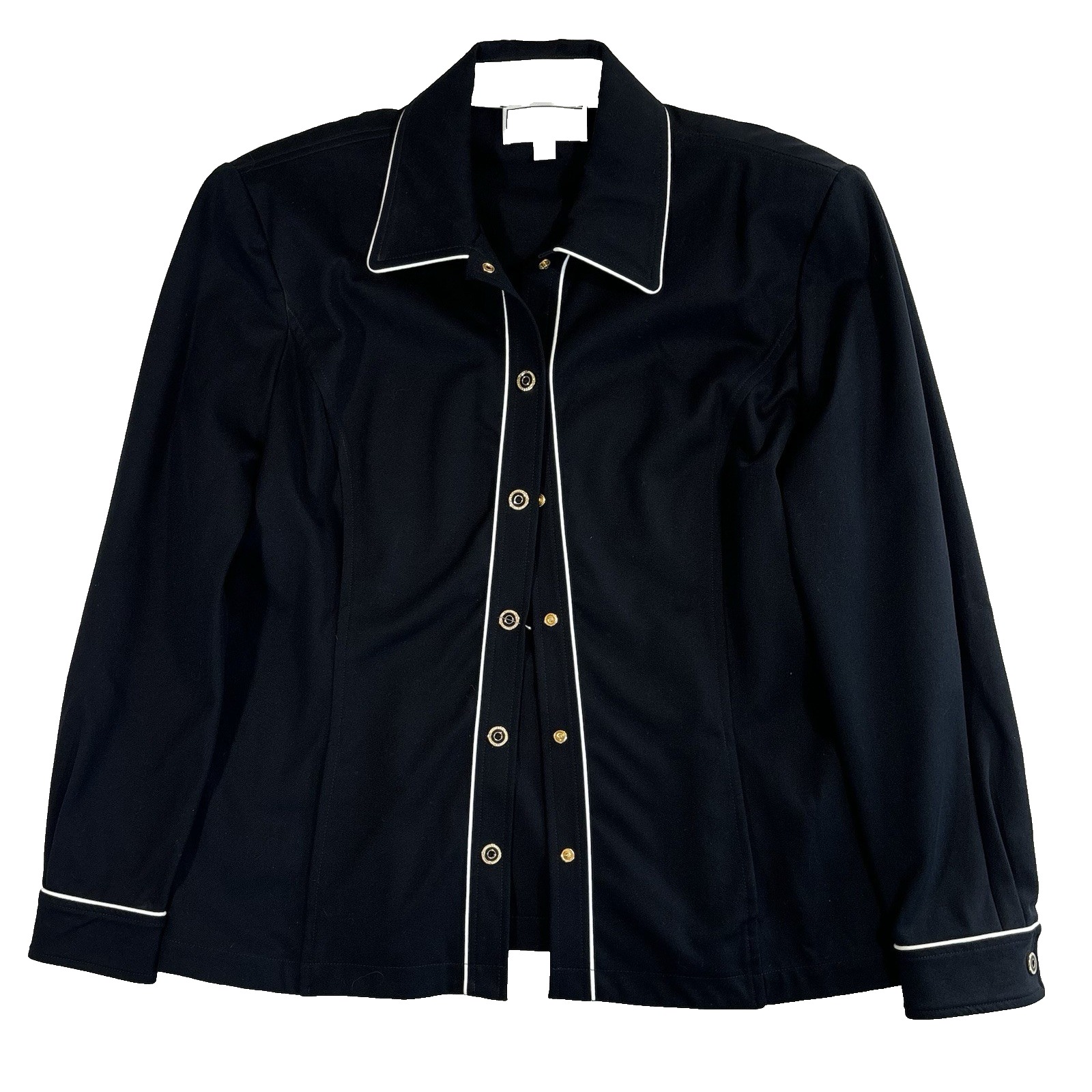 womens black St John Sport cotton jacket blazer twill gold snap buttons usa L