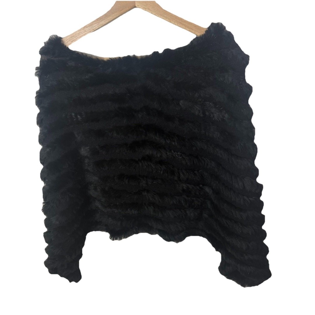 Rabbit Fur Black Poncho Cape Shawl Top OS Layering Drape Jacket Statement Glam
