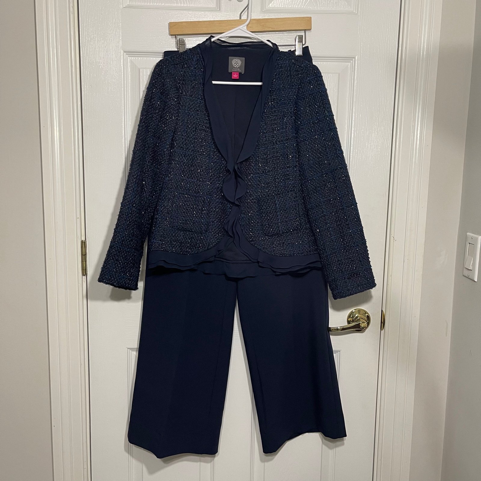 Vince Camuto Suit Tweed Ruffle Blazer Sz 4 Pants Sz 2 Wedding Chic Preppy