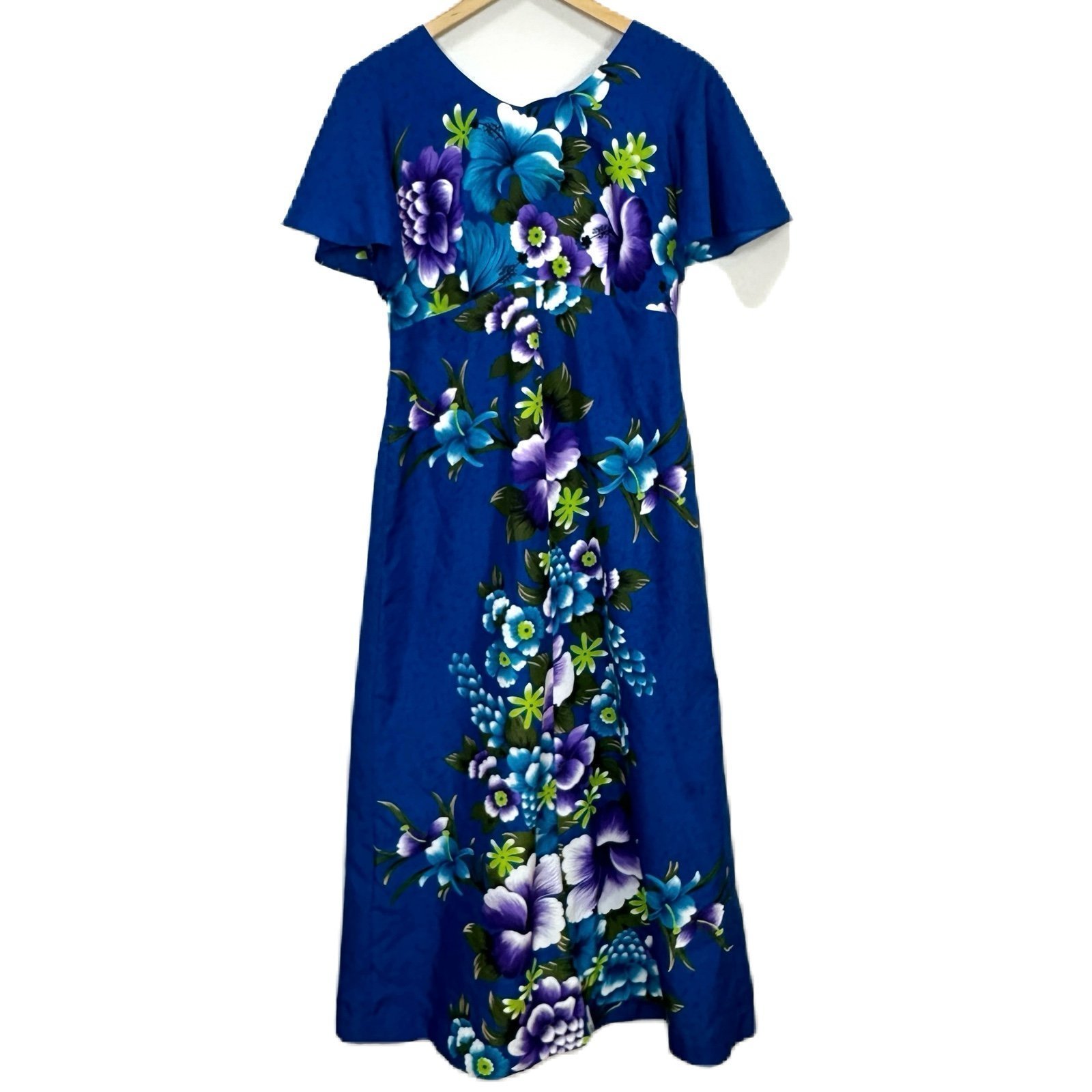 Vintage Hukilau Fashions Hawaiian Floral Blue Maxi Dress Women’s Sz 10