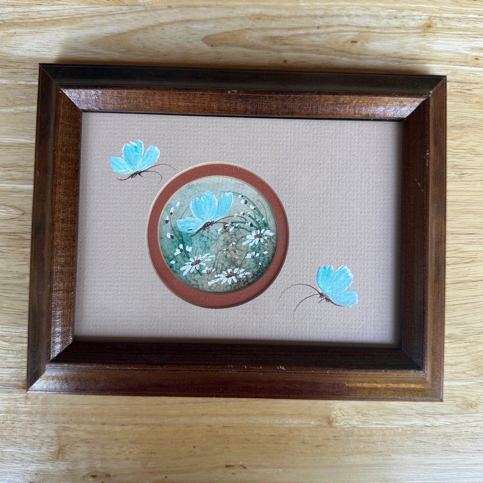 VTG Painting Daisy Flowers Butterflies Wood Frame Signed Stockstill 9 x 7