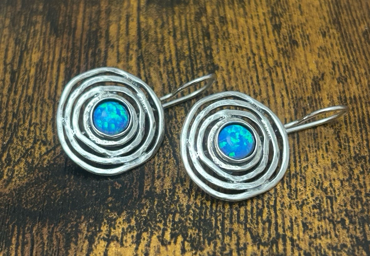 Vintage Bili Sterling Silver Opal Spiral Disc Drop Earrings E630