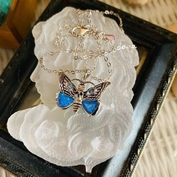 Blue Opal Luna Moth Skull Sterling Silver CZ Necklace