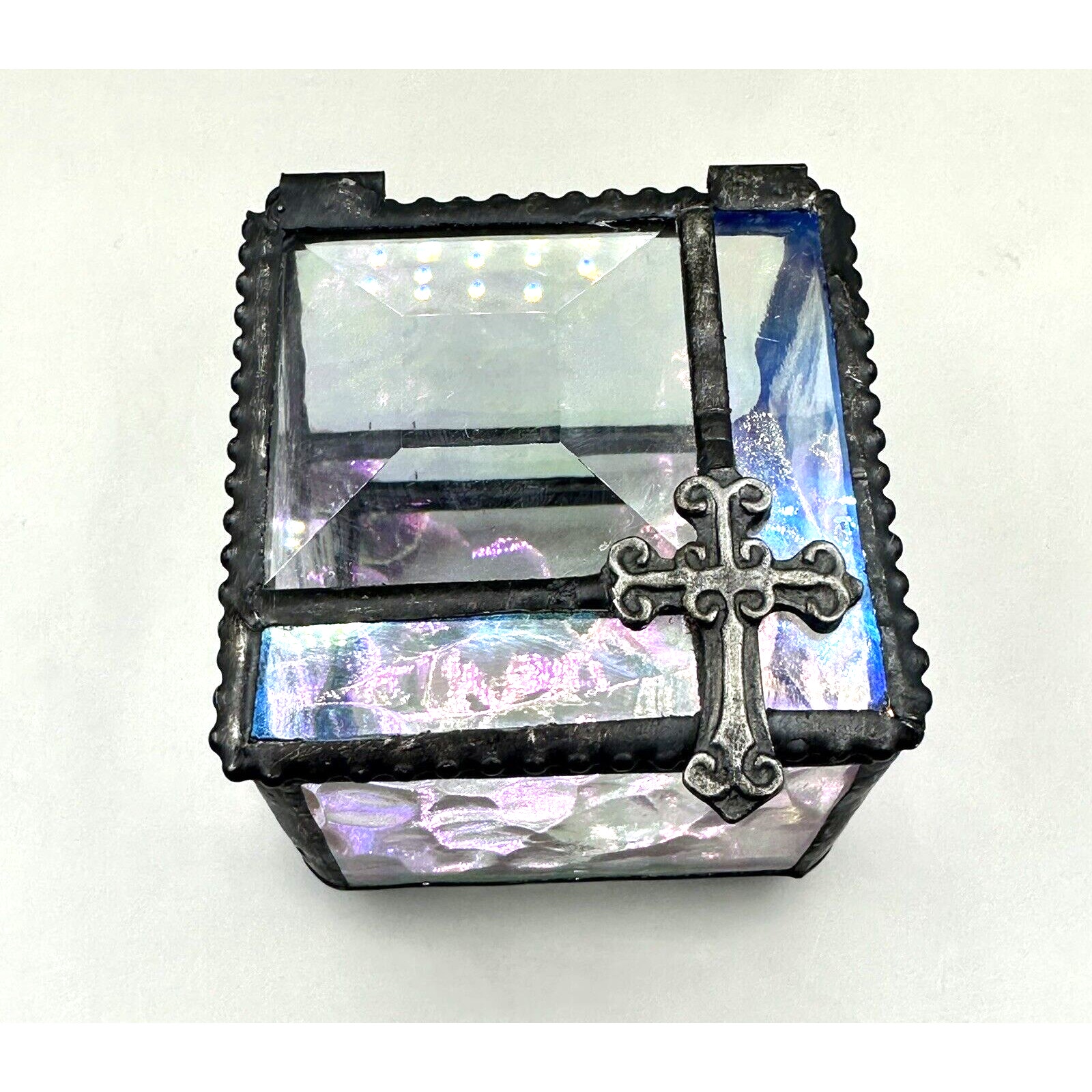 Vintage Glass Rosary Box Handmade Iridescent Art Glass with Cross J. Devlin 2