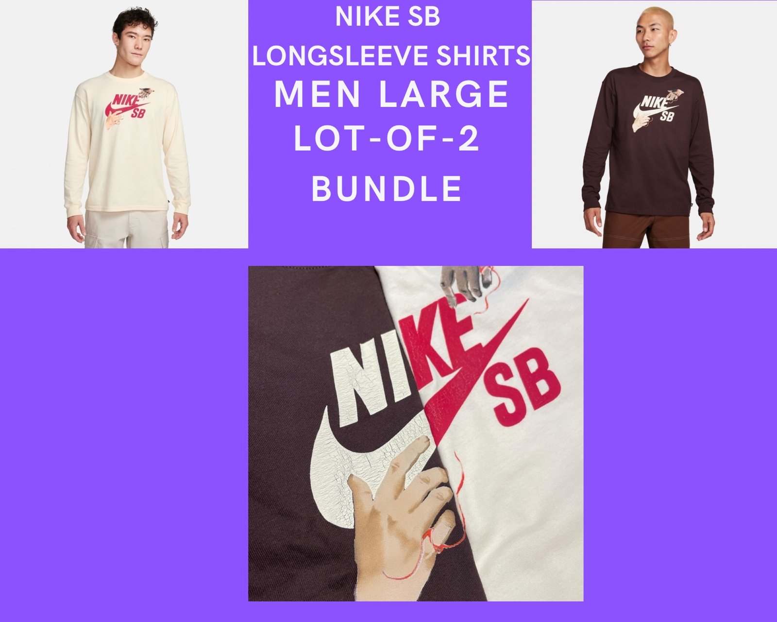 LOT OF 2 NEW Nike SB City of Love Brown Earth Large Long Sleeve Shirt Loose Fit