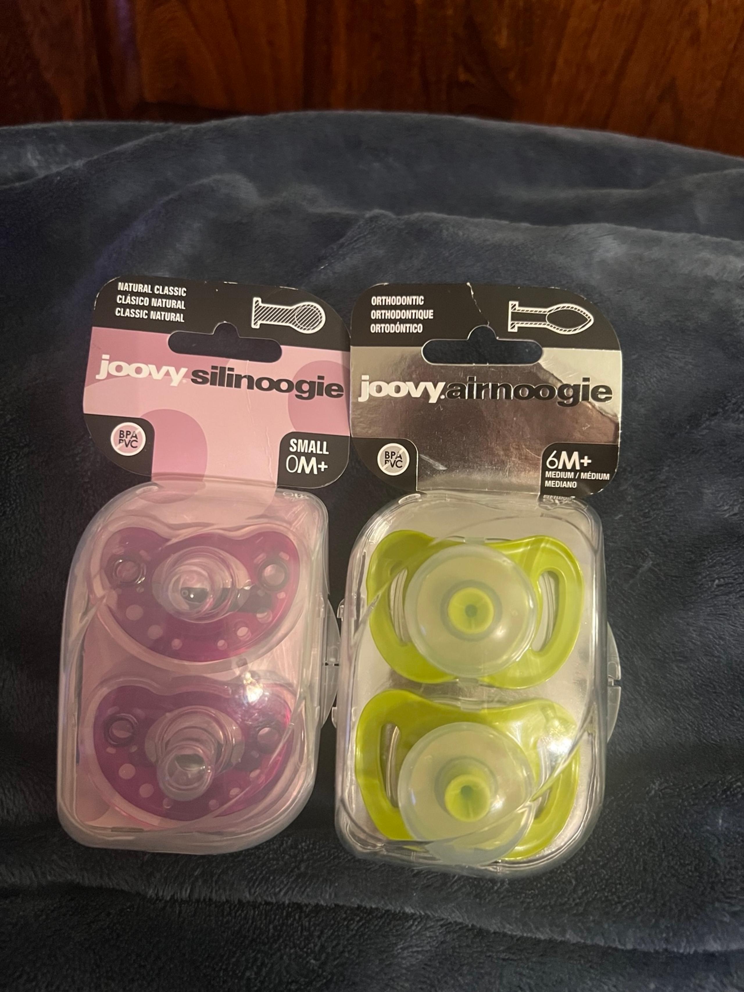 Joovy 2 Silinoogie & 2 Airnoogie Pacifiers, No BPA/PVC, new in sealed packages
