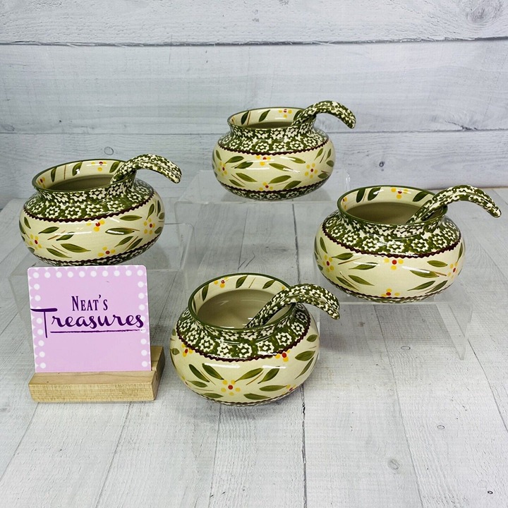 Temptation OLD WORLD GREEN Sponge Band Dot Ceramic 16oz Soup Bowl W Spoon Set 4