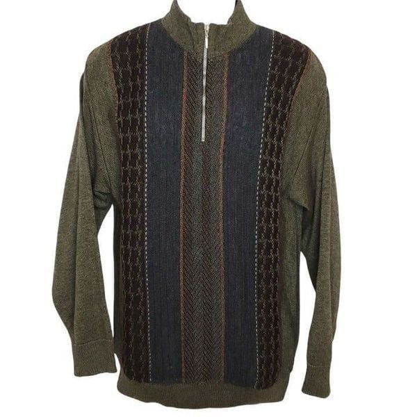 Vintage 90s Mock Neck Sweater Quarter Zip Sz M Textured Striped Gray Black Blue