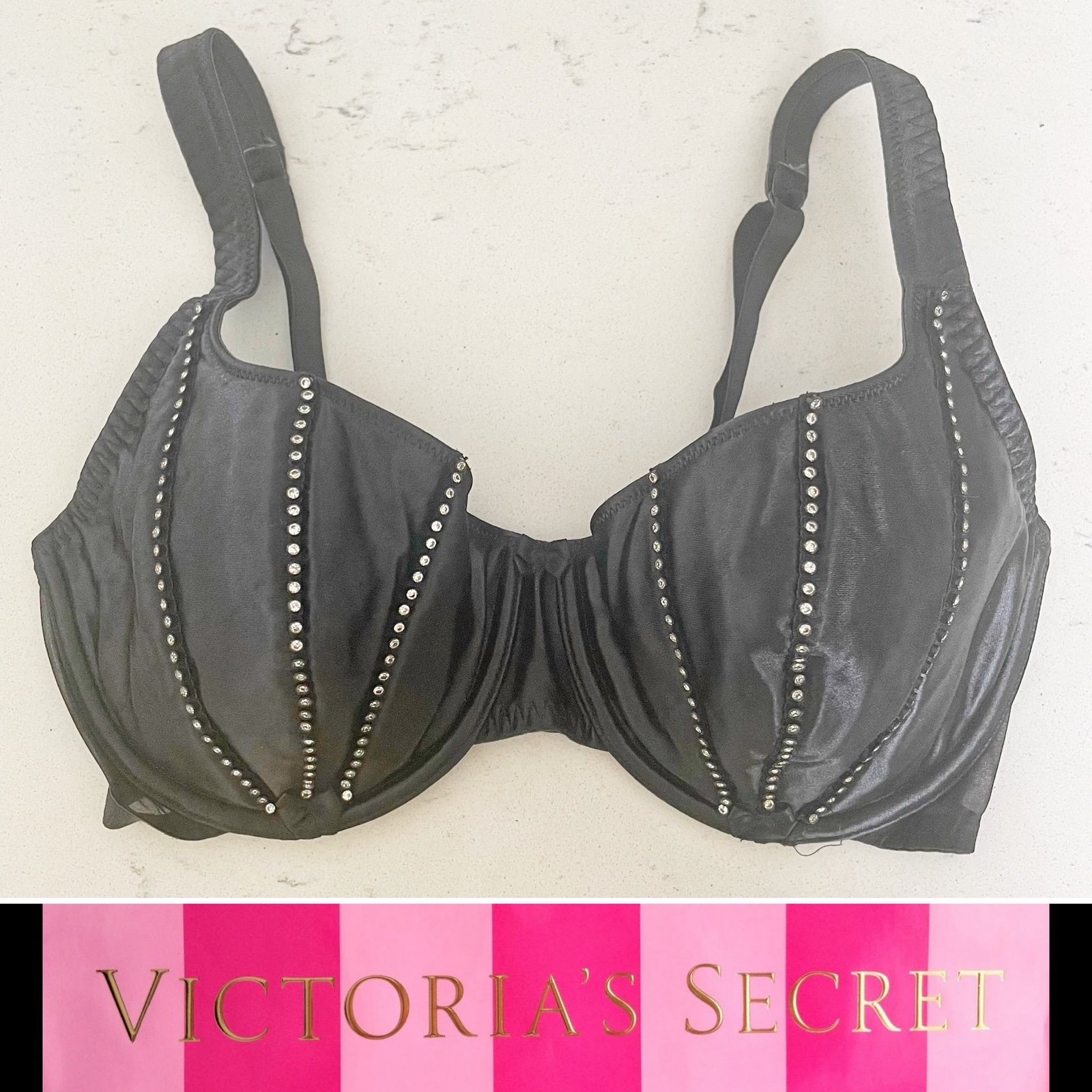 Victoria’s Secret 90’s Vintage Rhinestone Black Satin Push Up Bra 36D