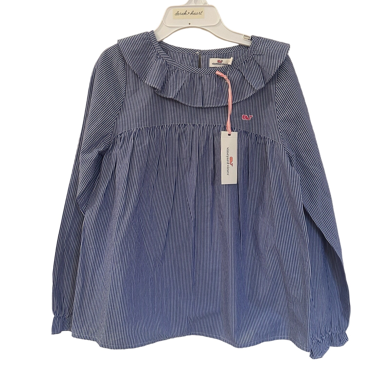 New Girls Vineyard Vines Stripe Ruffle Top sz L Girls Long Sleeve Blue White