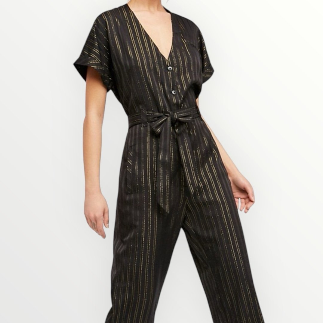 Free People Black Lurex Gold Metallic Pinstripe Short Sleeve Cropped Jumpsuit S