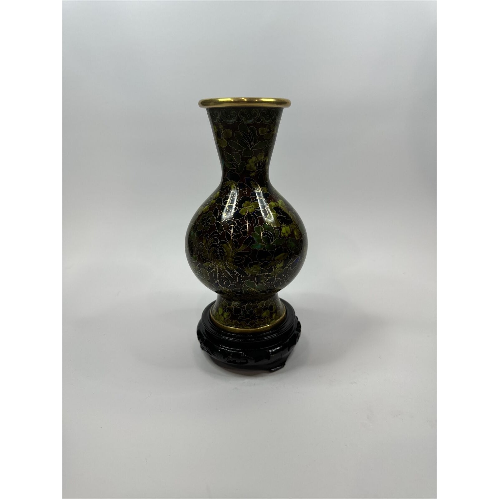 Vintage Mid century China Enamel Flowers Cloisonne Vase on wooden stand H19cm