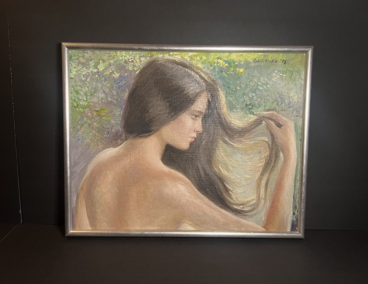 William Bruckner 1978 Oil Canvas Painting 'Woman Playing with Hair' Framed Art