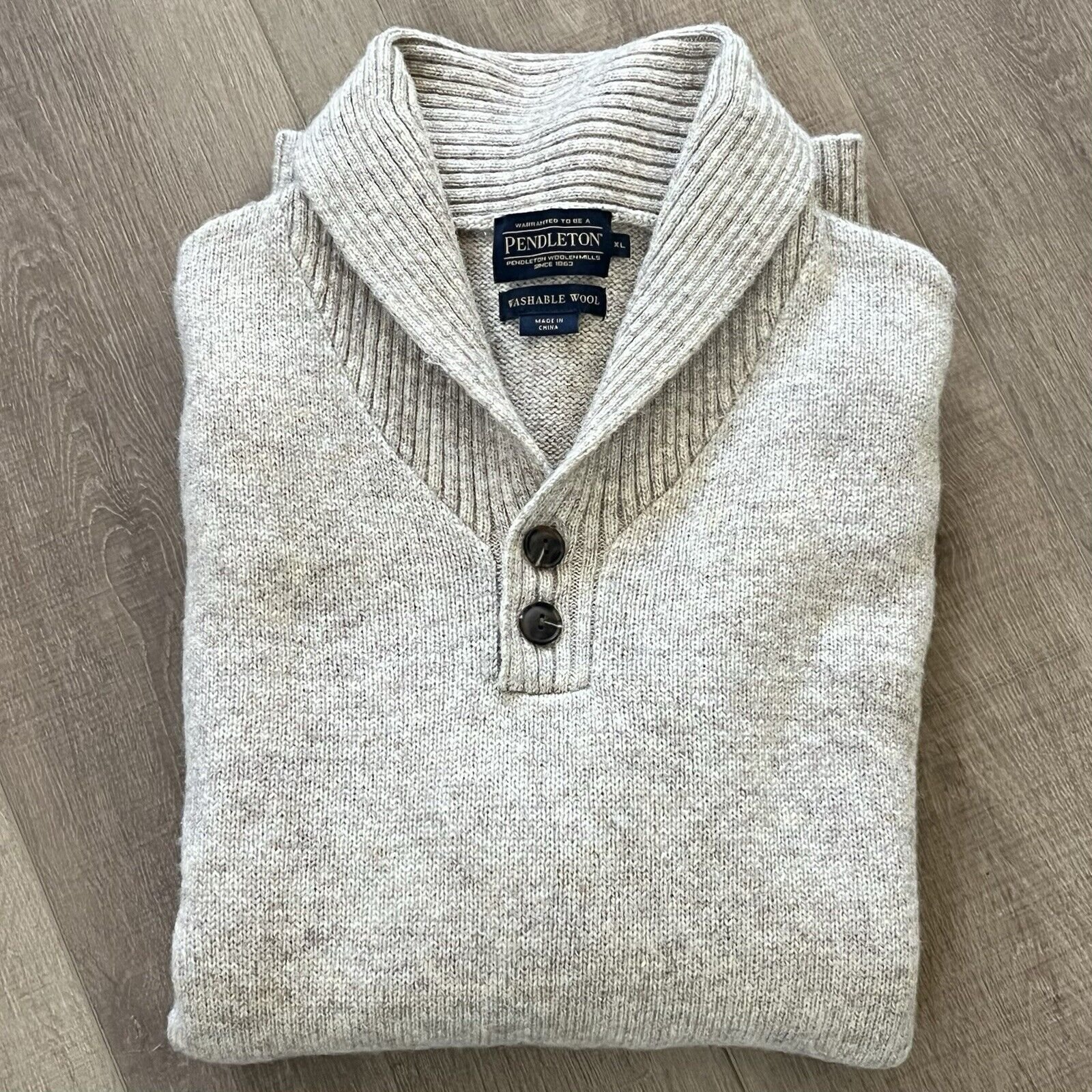 Pendleton Shawl Collar Sweater Men XL Beige Shetland Washable Wool Grandpa