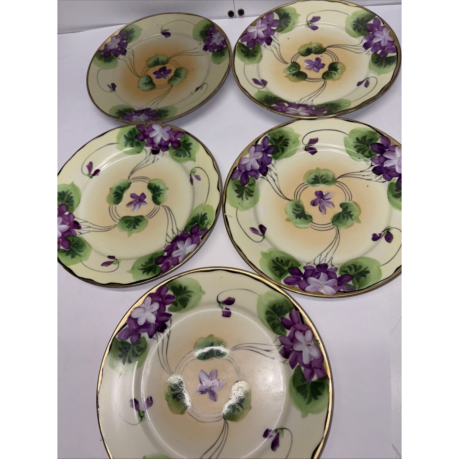 5 Antique Hand Painted NIPPON Purple Flowers 7.5 Salad Plates