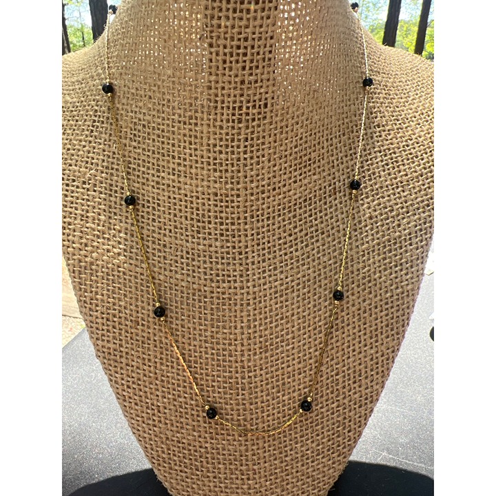 Vintage Monet Gold Tone Chain Necklace Black Glass Station Beads MCM 19 Classic