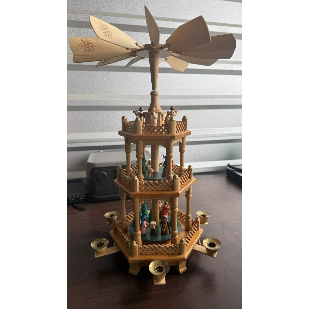 Vtg NOS Wooden Erzgebirge 3 Tiered Pyramid Carousel Candle Holder Nativity Scene