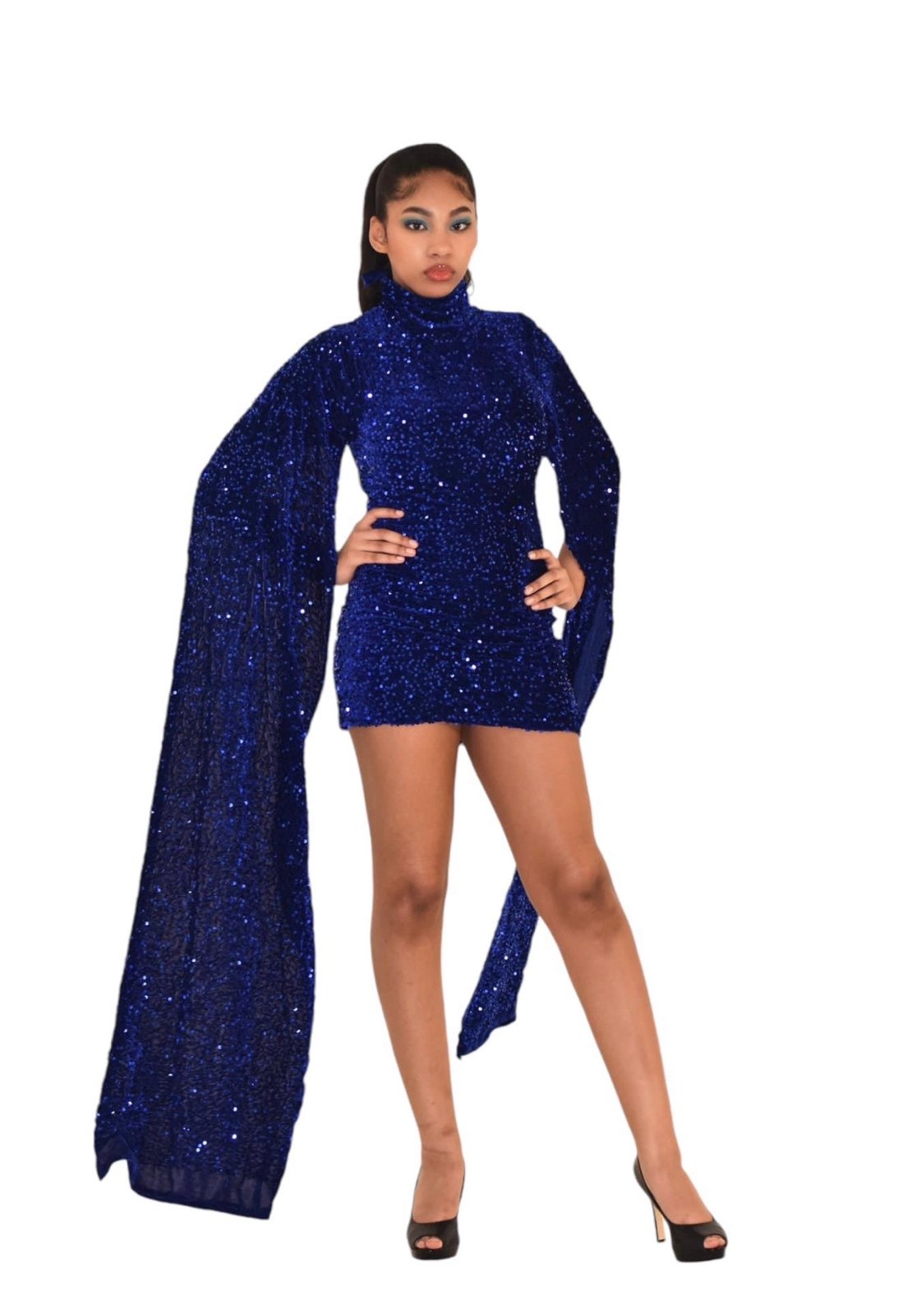 Handmade royal blue sequin dress short with dramatic sleeves size small Fancy