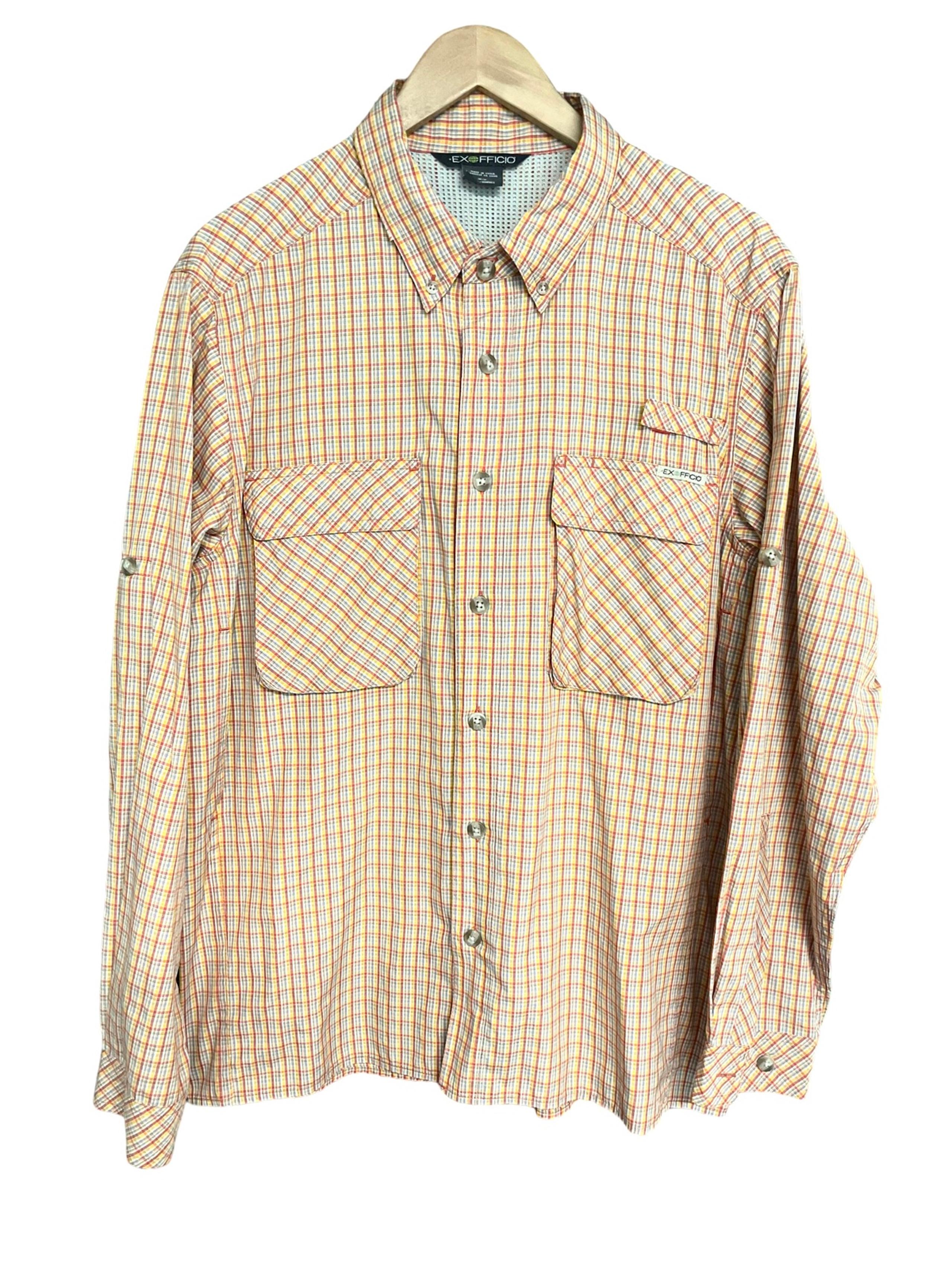 ExOfficio Mens Hiking Shirt Sz M Orange Plaid Vented Nylon Fishing Camping