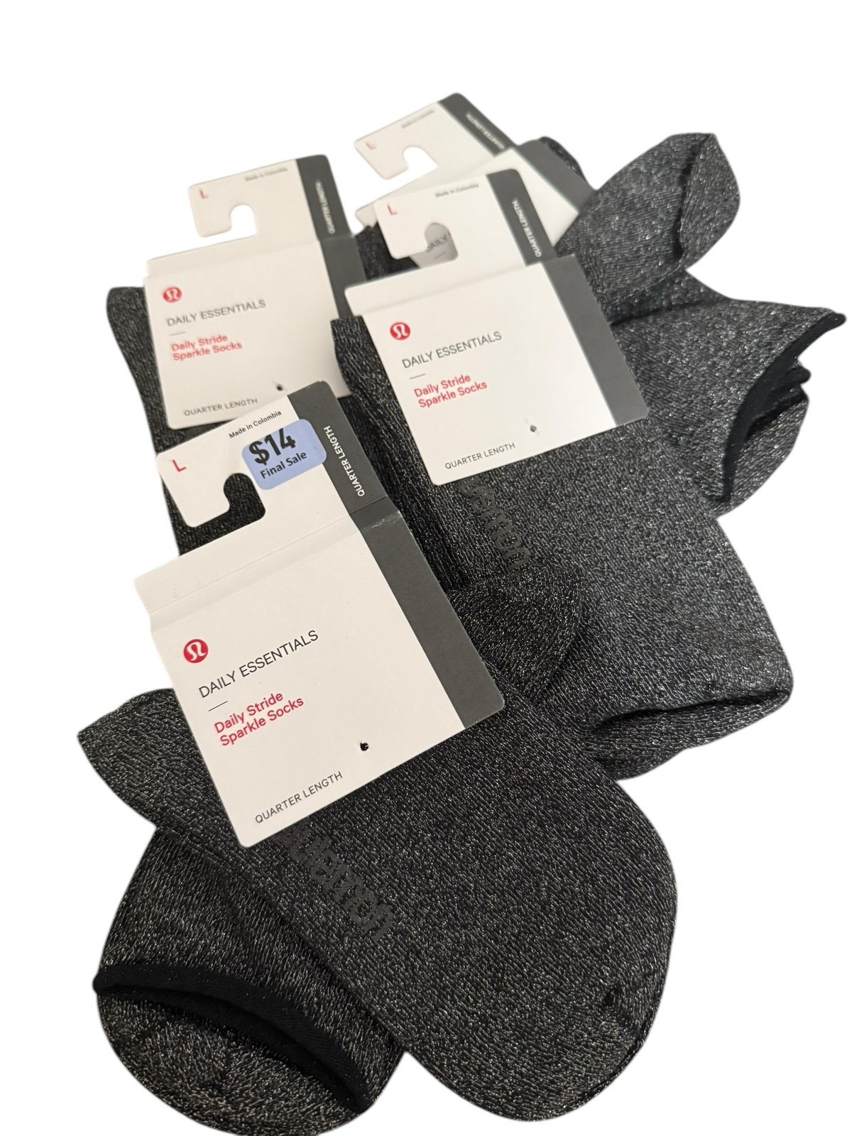 Lululemon Daily Stride Sparkle Quarter Socks Women’s Large BLK/SLVR 4 Pairs