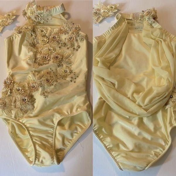 Glamour solo dance costume leotard pale yellow embellished rhinestone lace MC