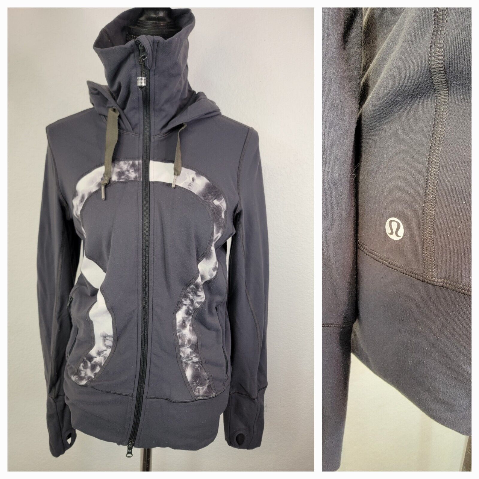 Lululemon Hooded Jacket Womens 6 Zip Up Thumbholes Gray Marble Logo