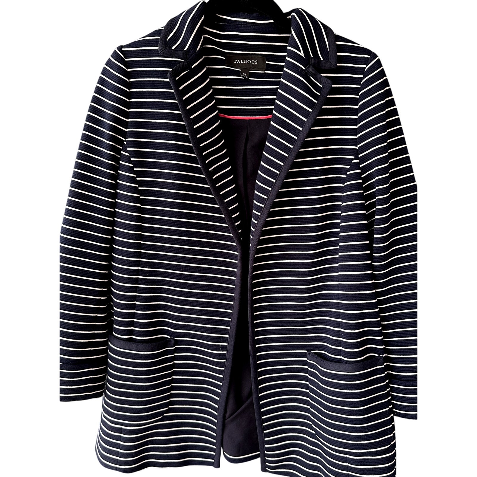 Talbots Sz XS Navy and White Stripe Soft Suiting Knit Blazer w/ Pockets Career