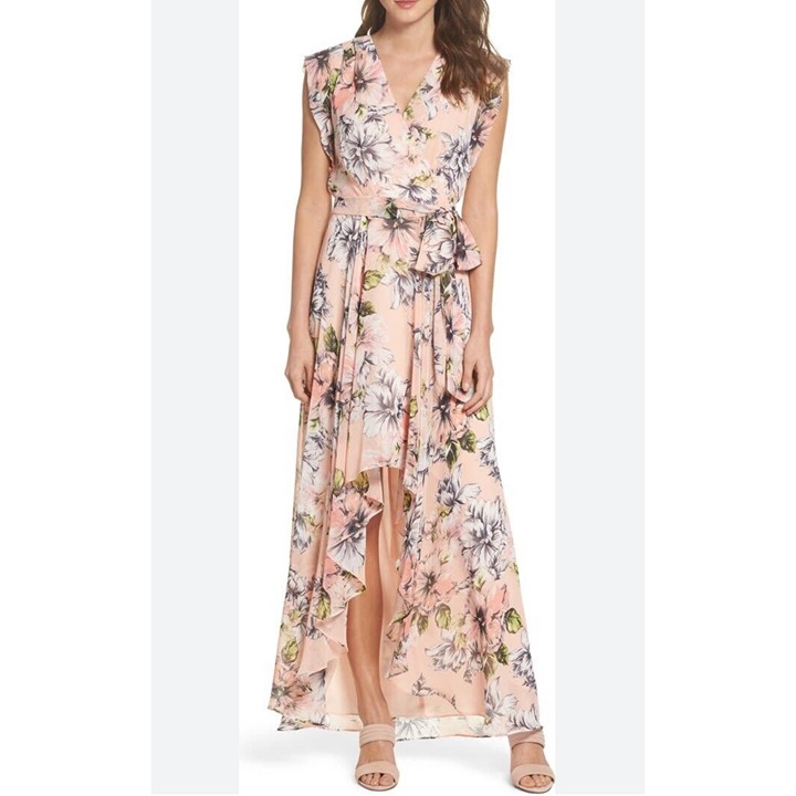 Eliza J floral ruffle high low maxi dress blush pink boho wedding sz 10