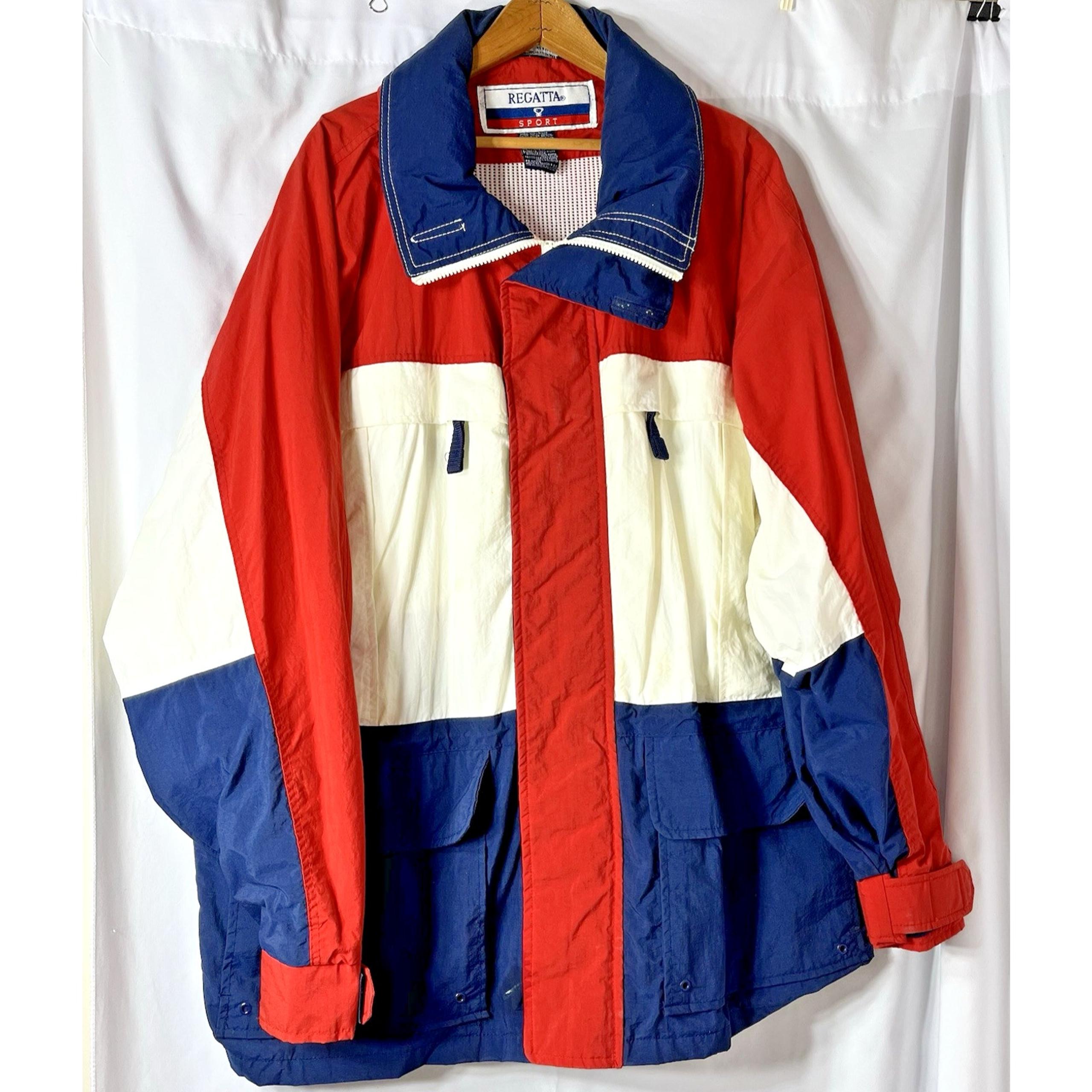 Regatta Jacket Men Large Sailing Full Zip Red White Blue Block Print Hood Lined
