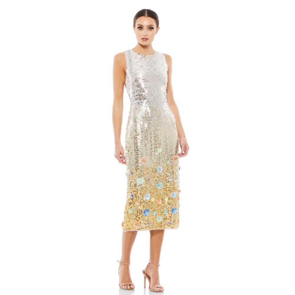 Size Mac Duggal 10691 NWT Silver High Neck Midi Sequin Dress with 3D Flowers