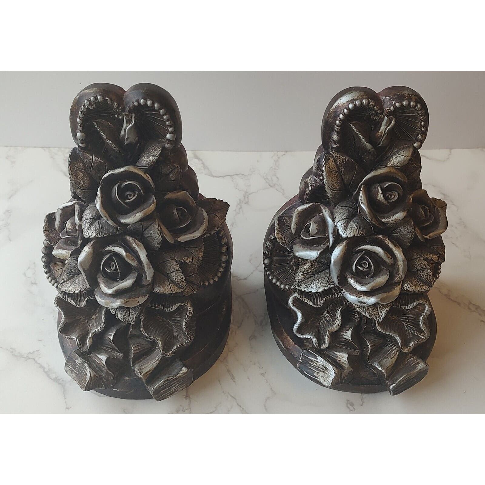 Bookends Carved Roses Vintage Mid-Century Pewter B3