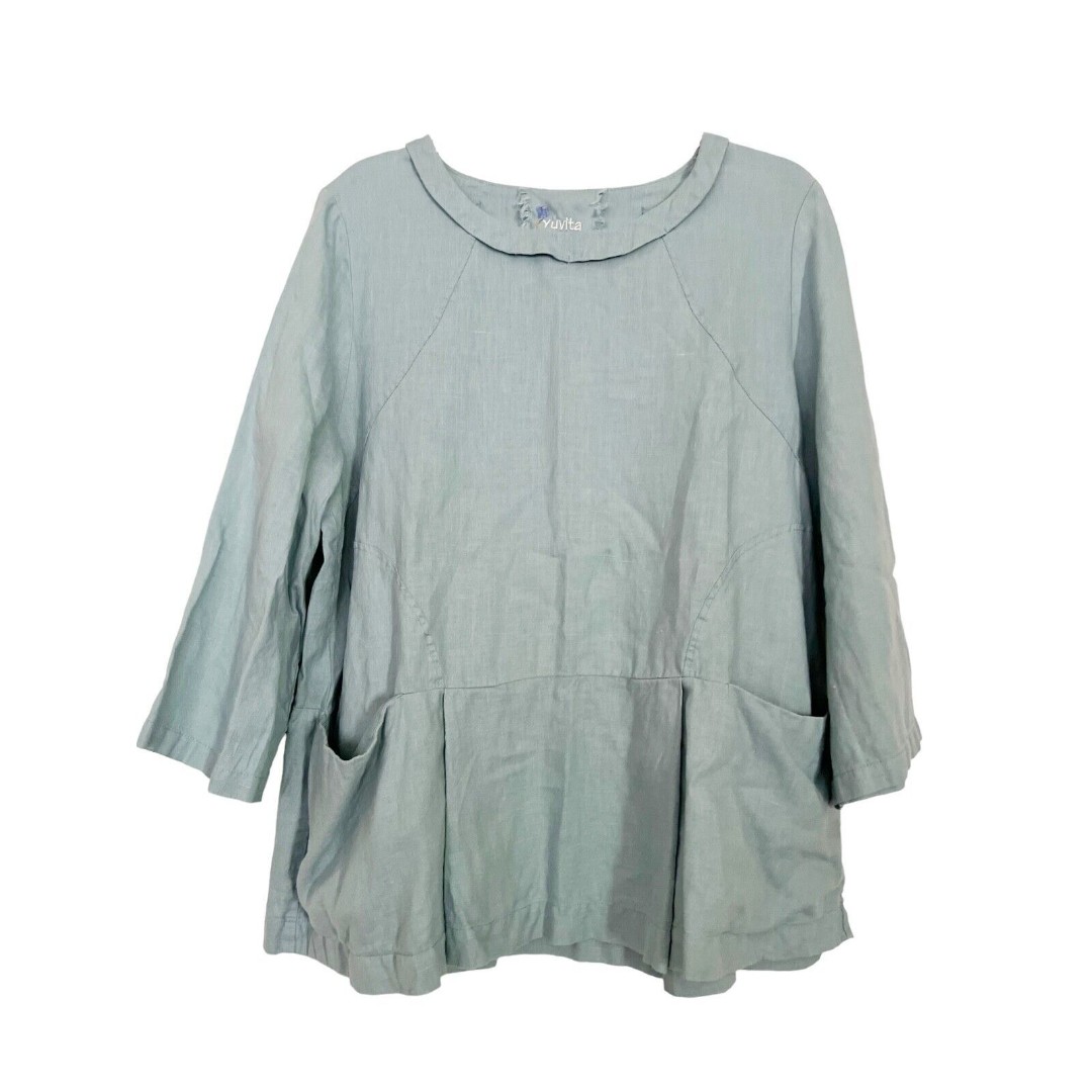 Yuvita Linen Lagenlook Tunic Top 3/4 Sleeve Pockets Pleats Dusty Teal Pullover M